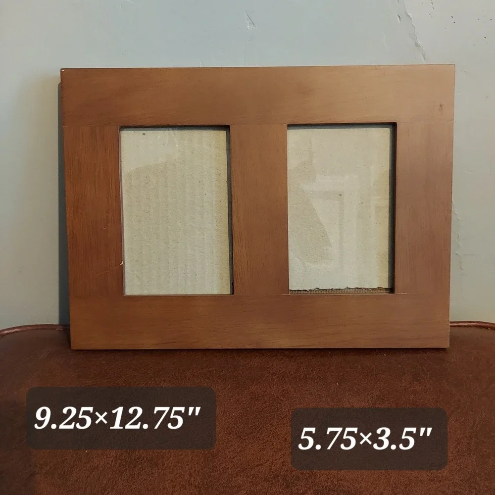 Wooden Double Picture Frame Brown 2 Opening Wall Mount 12.75x9.25 Made Thailand